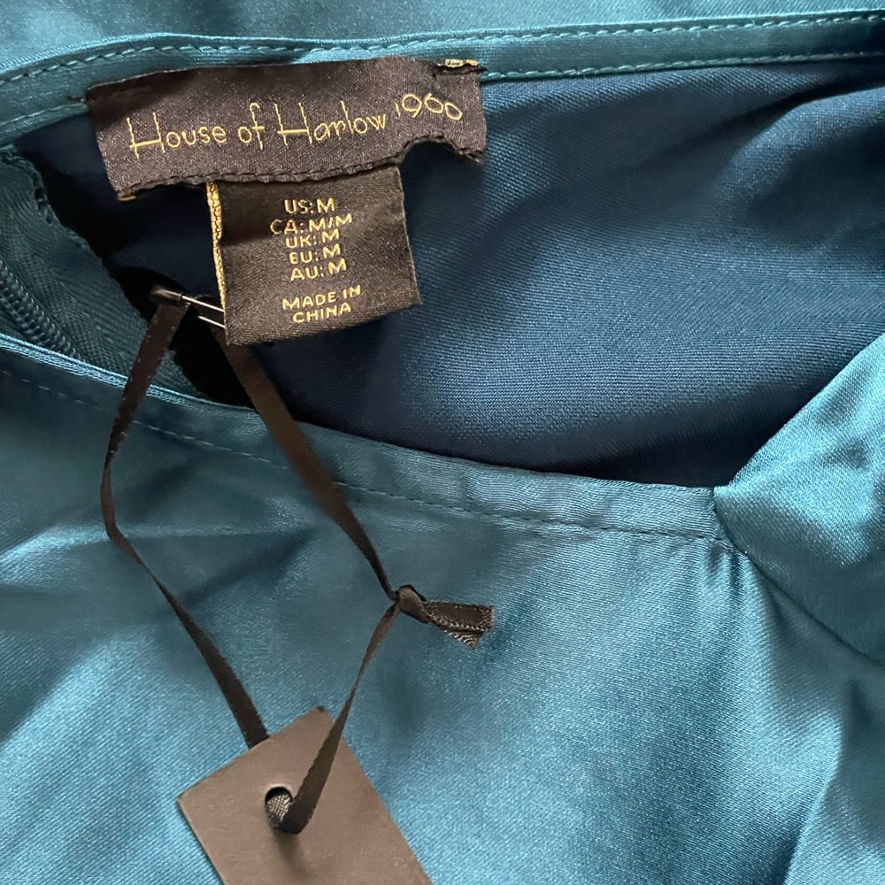 NWT House of Harlow 1960 Teal Blue Halter Dress Cocktail Cowl neck Satin Maxi M - Picture 11 of 12